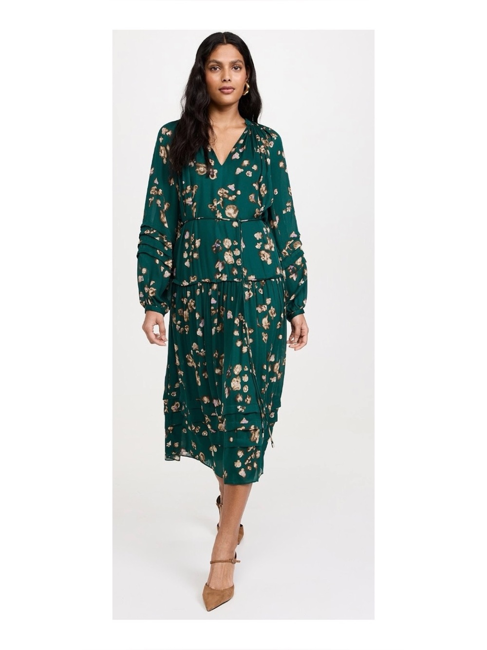 NWOT La Ligne 100% Silk Dress With Shirring In Petrol Floral  Size XS